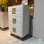 High-Gloss White Tall Sideboard Cabinet with Five Drawers Green Stone Inlay Pulls Rounded Corners and Gold-Tone Stainless Steel Base
